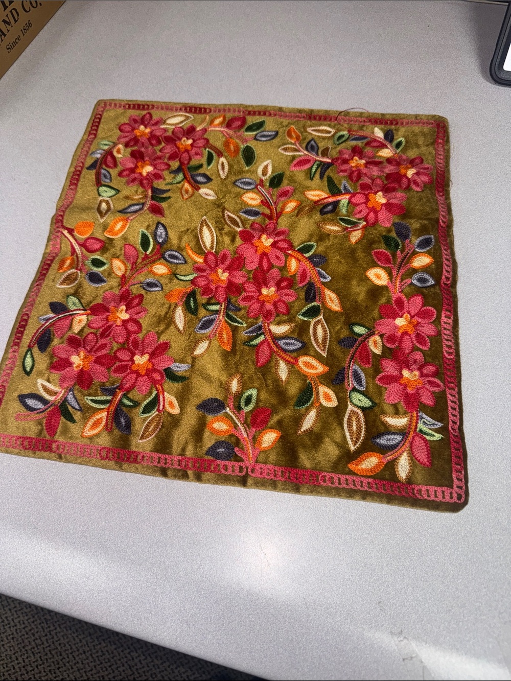 Embroidered Floral Velvet Accent pillowcase  - Olive Green with Pink Flowers